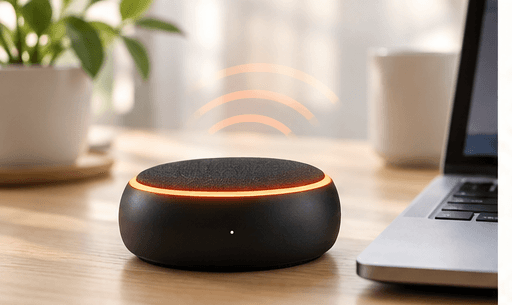 The Omnivox puck on a wooden desk beside a laptop, its orange ring lit while it listens