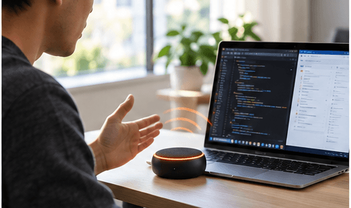 Someone speaking to the Omnivox puck while working in a code editor and an email client
